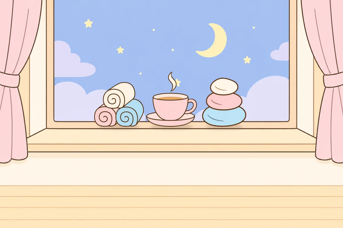 안성 여성전용 부종 케어 안내 그림, 밤 창가 창턱 위의 수건, 찻잔, 조약돌