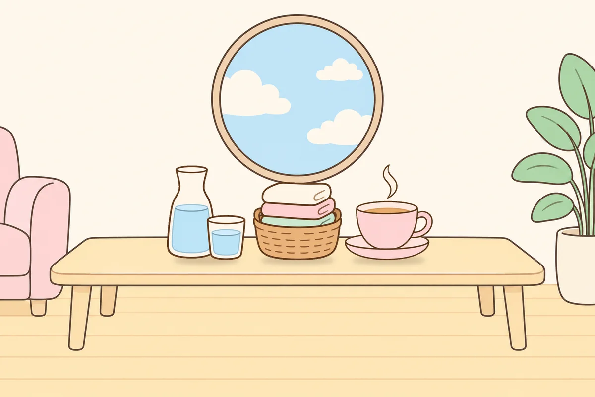 안성 여성전용 복부 마사지 안내 그림, 거실 원목 테이블 위의 물병, 수건 바구니, 찻잔