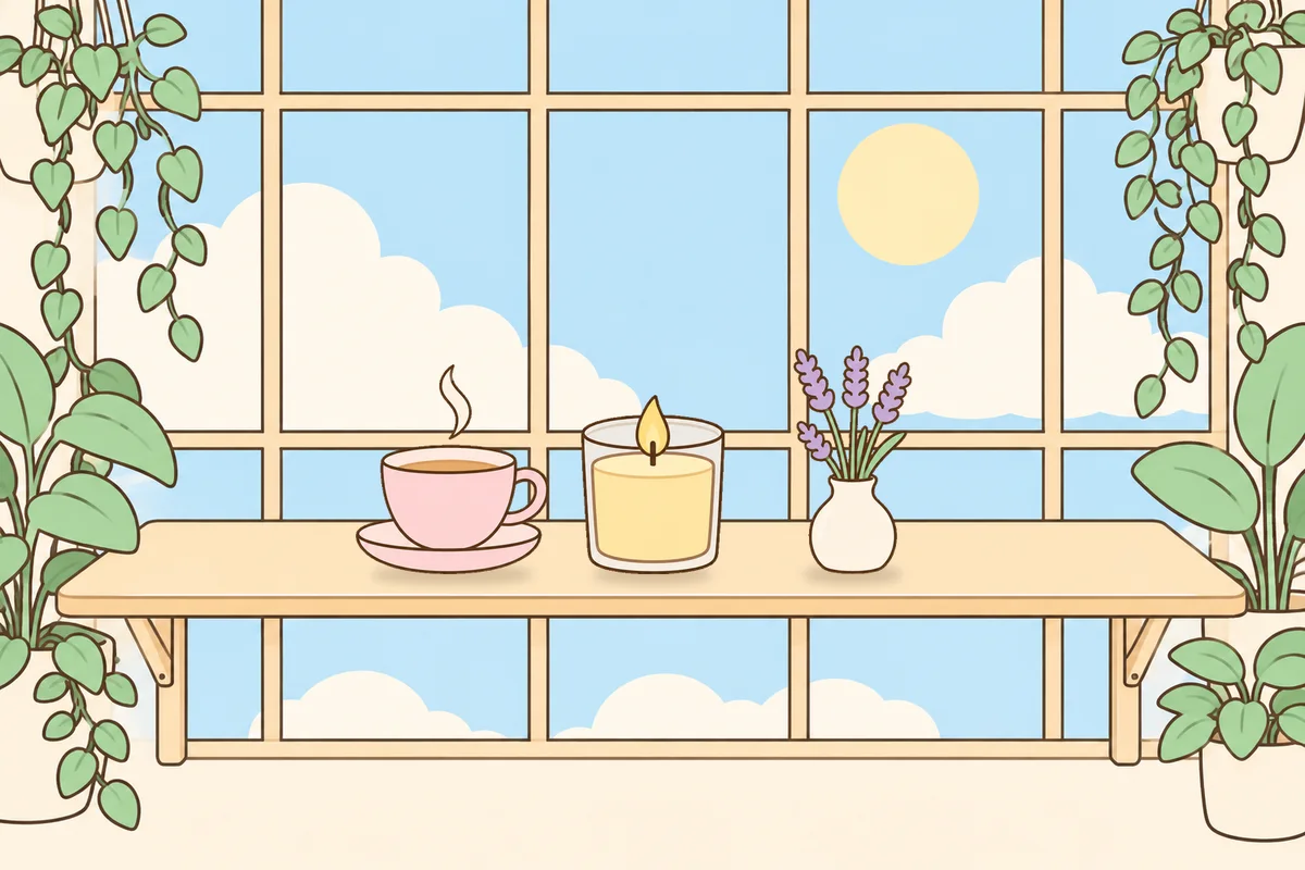 안성 여성전용 종아리 케어 안내 그림, 햇살 드는 창가 선반 위의 찻잔, 향초, 라벤더 꽃병