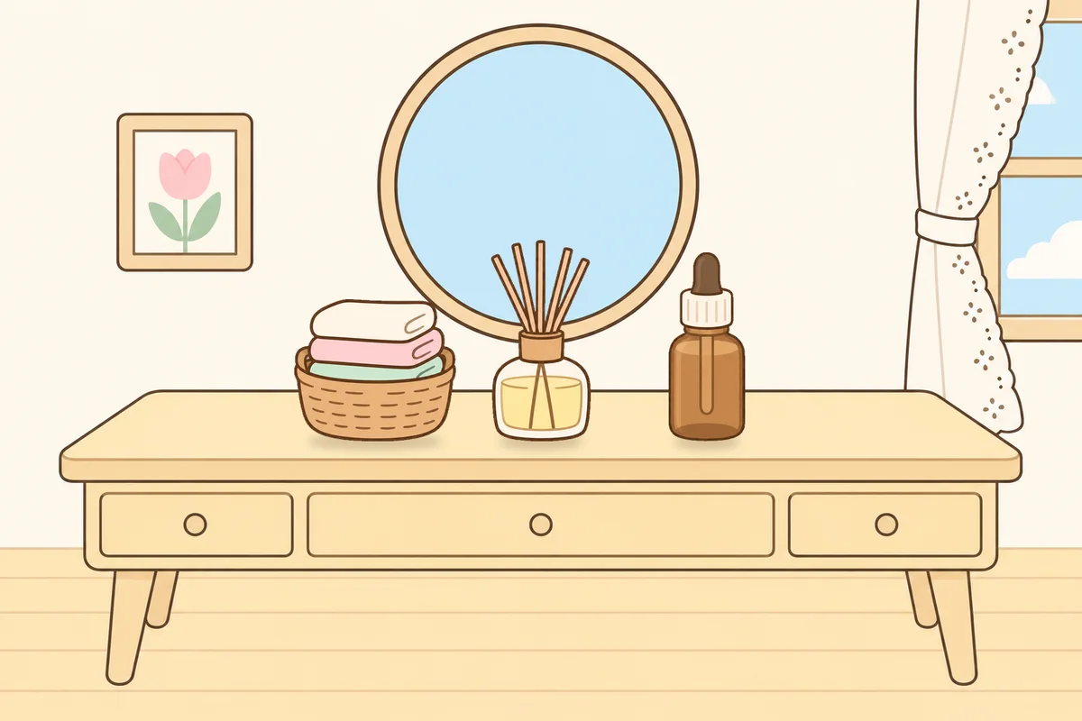 안성 여성전용 등 마사지 안내 그림, 화장대 위의 수건 바구니, 디퓨저, 오일병