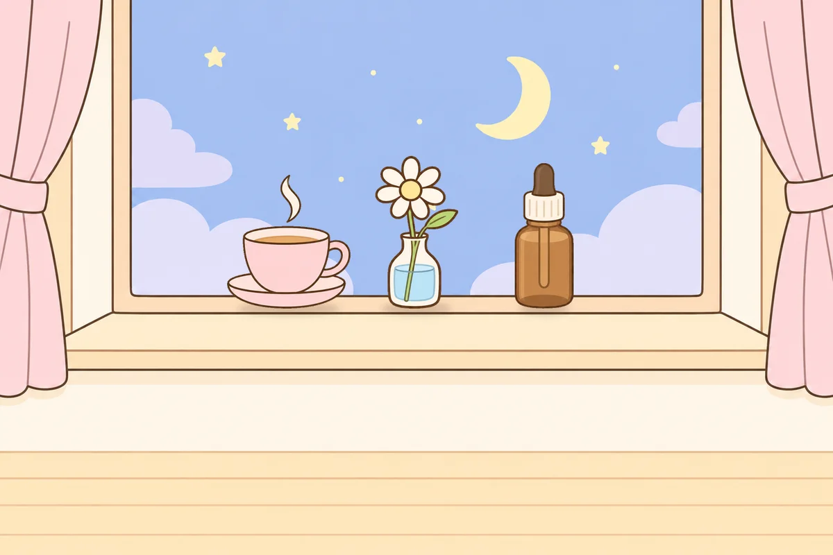 안성 여성전용 두피 마사지 안내 그림, 밤 창가 창턱 위의 찻잔, 데이지 꽃병, 오일병