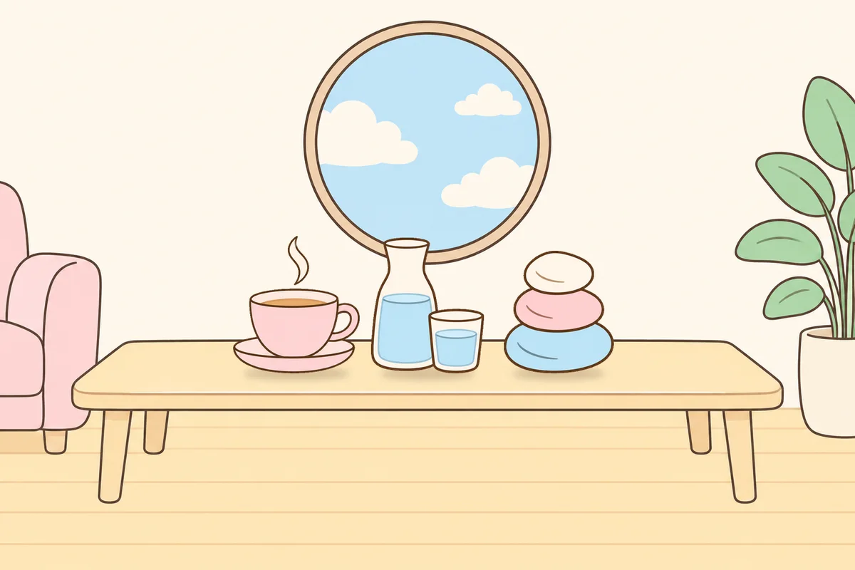 안성 여성전용 두피 케어 안내 그림, 거실 원목 테이블 위의 찻잔, 물병, 조약돌