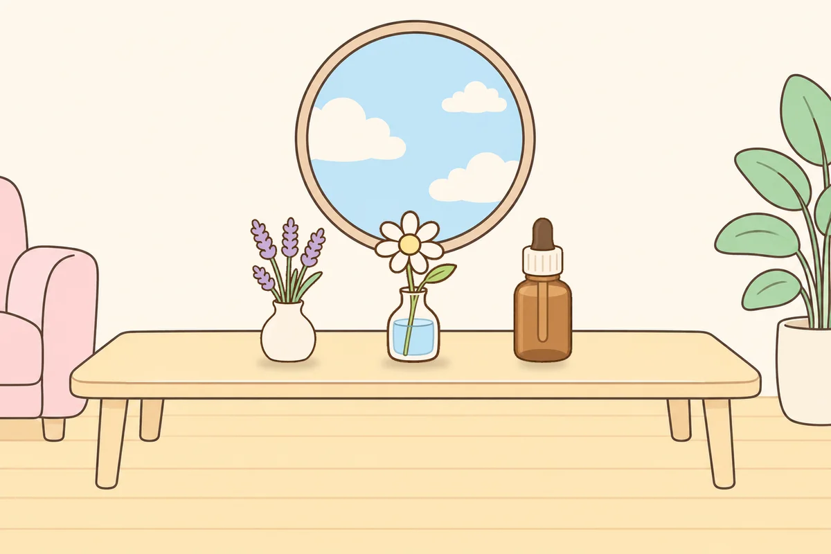 안성 여성전용 브라이덜 케어 안내 그림, 거실 원목 테이블 위의 라벤더 꽃병, 데이지 꽃병, 오일병
