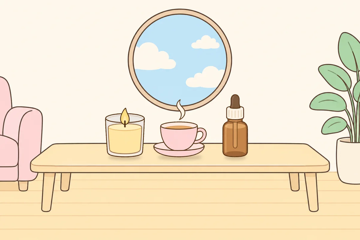 안성 여성전용 피부 관리 안내 그림, 거실 원목 테이블 위의 향초, 찻잔, 오일병