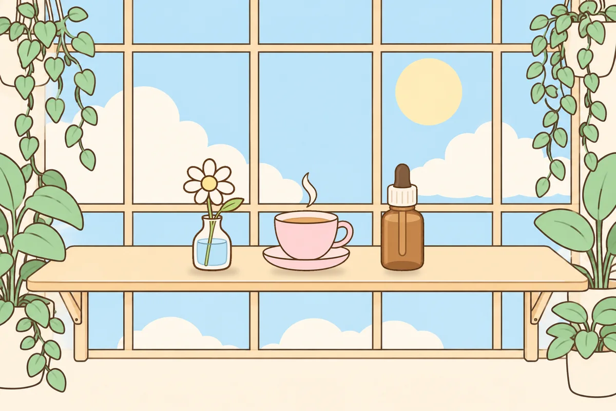 양주시 여성전용 라벤더 아로마 안내 그림, 햇살 드는 창가 선반 위의 데이지 꽃병, 찻잔, 오일병