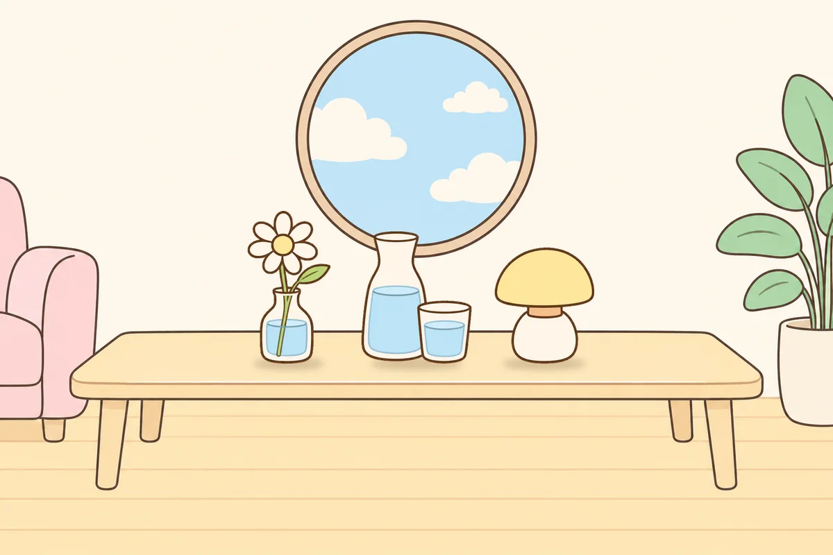 양주시 여성전용 경락마사지 후기 안내 그림, 거실 원목 테이블 위의 데이지 꽃병, 물병, 무드등