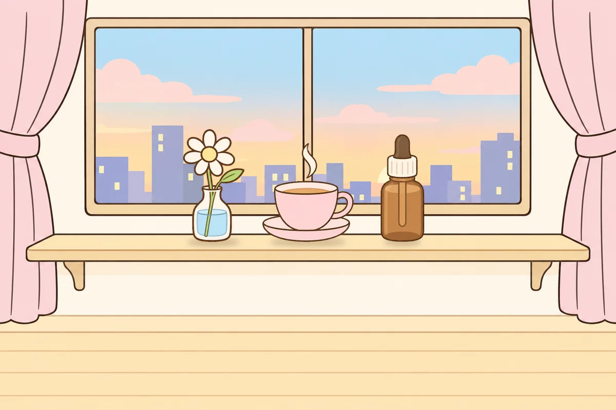 양주시 여성전용 방문 마사지 안내 그림, 호텔 창가 선반 위의 데이지 꽃병, 찻잔, 오일병