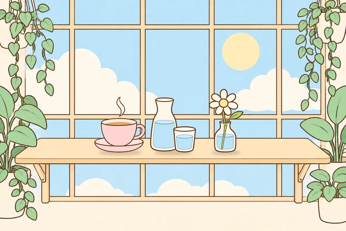 양주시 여성전용 홈케어 추천 안내 그림, 햇살 드는 창가 선반 위의 찻잔, 물병, 데이지 꽃병