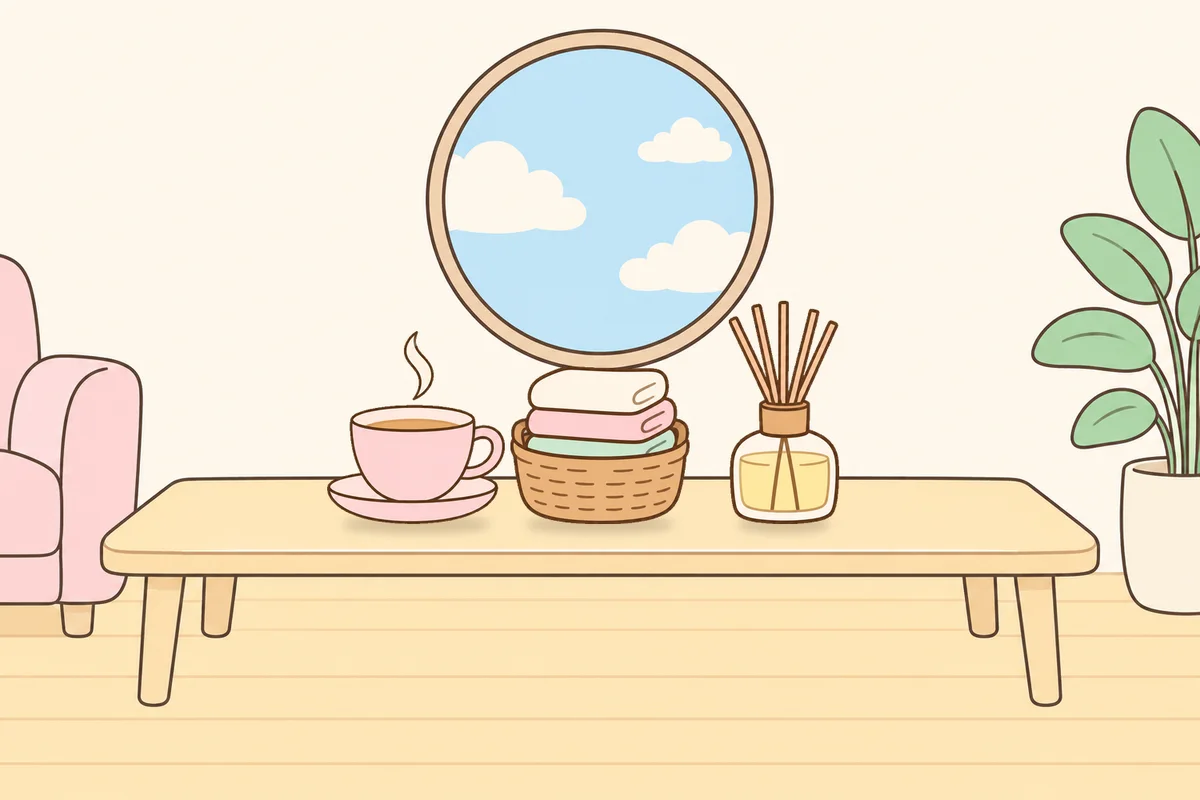 양주시 여성전용 발관리 추천 안내 그림, 거실 원목 테이블 위의 찻잔, 수건 바구니, 디퓨저