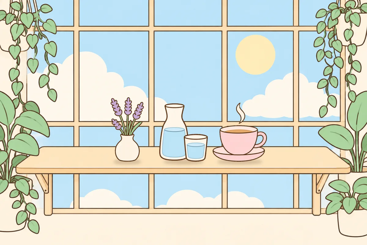 양주시 여성전용 부종 케어 안내 그림, 햇살 드는 창가 선반 위의 라벤더 꽃병, 물병, 찻잔