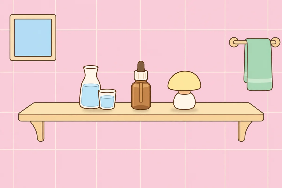 양주시 여성전용 슬리밍 마사지 안내 그림, 파우더룸 선반 위의 물병, 오일병, 무드등