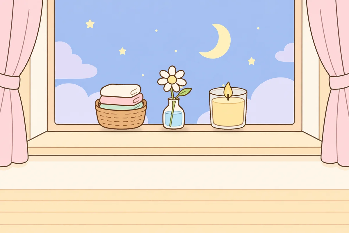 양주시 여성전용 어깨 마사지 안내 그림, 밤 창가 창턱 위의 수건 바구니, 데이지 꽃병, 향초