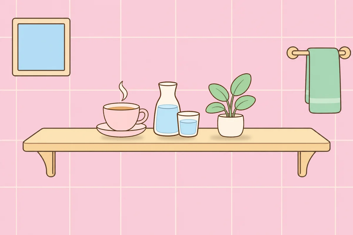 양주시 여성전용 림프 페이셜 안내 그림, 파우더룸 선반 위의 찻잔, 물병, 화분