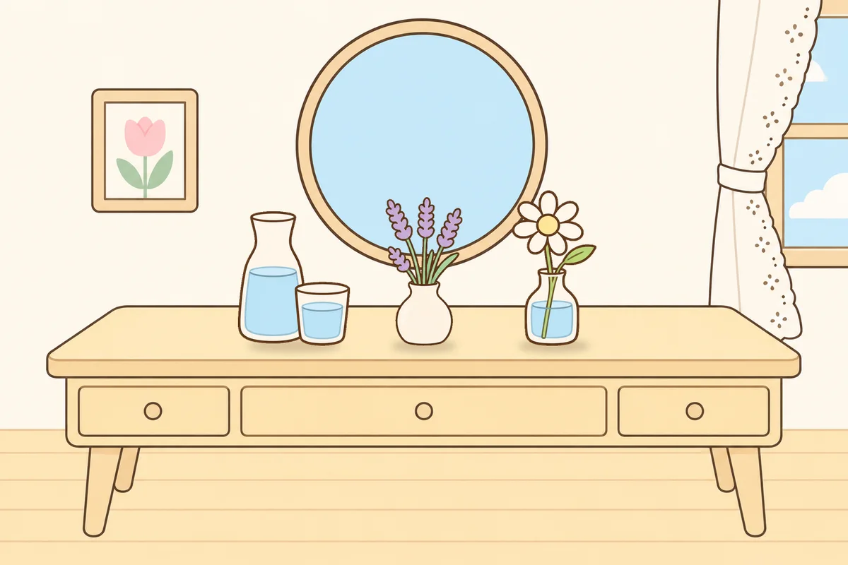 양주시 여성전용 브라이덜 케어 안내 그림, 화장대 위의 물병, 라벤더 꽃병, 데이지 꽃병