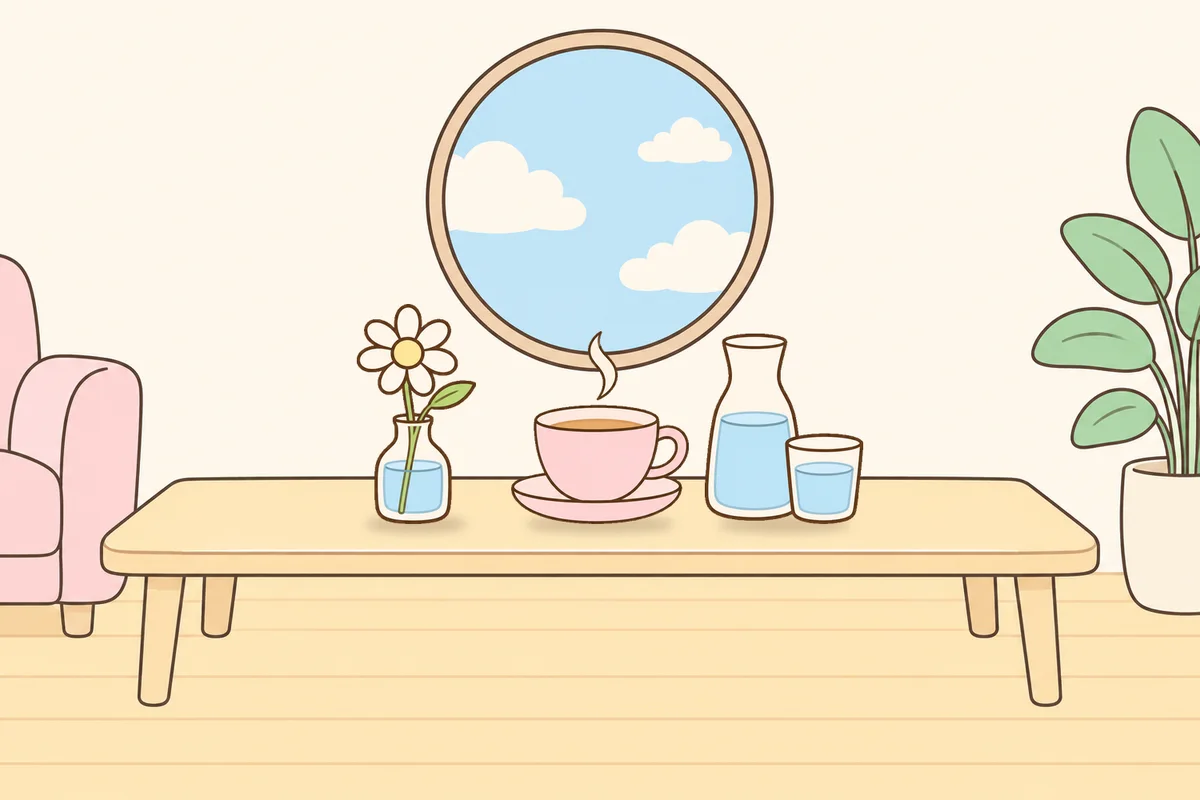 양주시 여성전용 피부 관리 안내 그림, 거실 원목 테이블 위의 데이지 꽃병, 찻잔, 물병