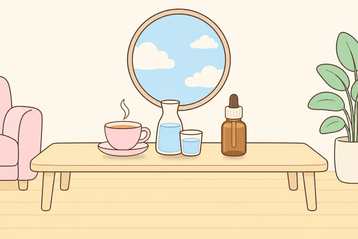 양주시 여성전용 마사지 추천 안내 그림, 거실 원목 테이블 위의 찻잔, 물병, 오일병