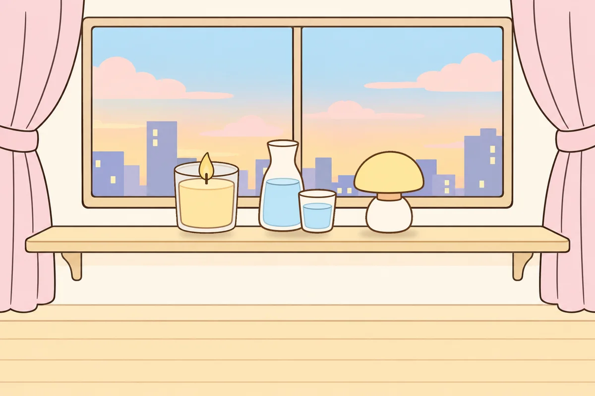 구리 여성전용 아로마테라피 안내 그림, 호텔 창가 선반 위의 향초, 물병, 무드등