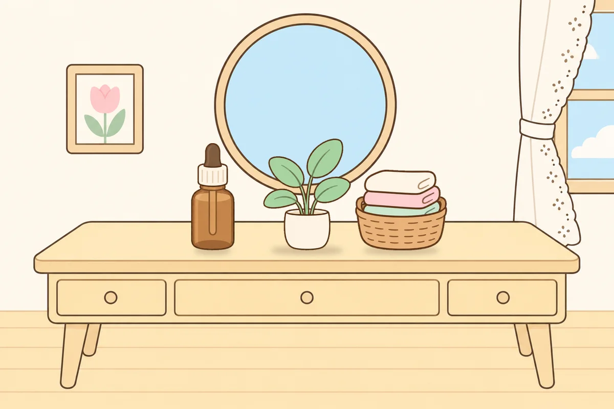 구리 여성전용 아로마 가격 안내 그림, 화장대 위의 오일병, 화분, 수건 바구니