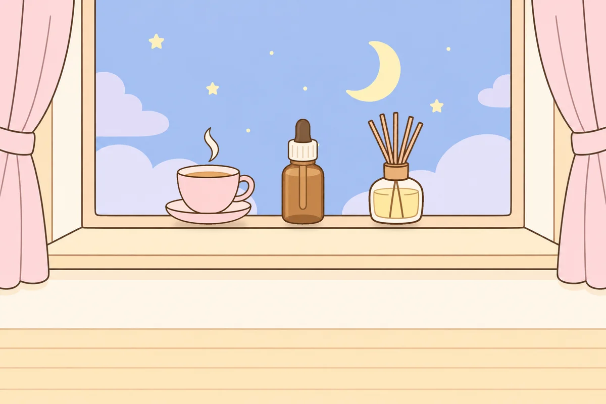 구리 여성전용 홈케어 서비스 안내 그림, 밤 창가 창턱 위의 찻잔, 오일병, 디퓨저
