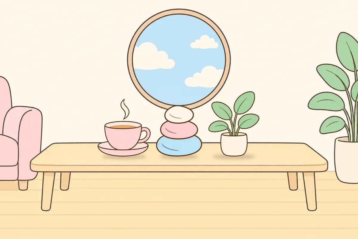 구리 여성전용 프라이빗 케어 안내 그림, 거실 원목 테이블 위의 찻잔, 조약돌, 화분