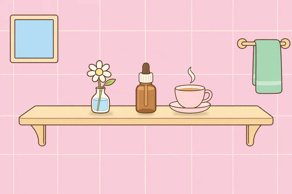 구리 여성전용 홈케어 후기 안내 그림, 파우더룸 선반 위의 데이지 꽃병, 오일병, 찻잔