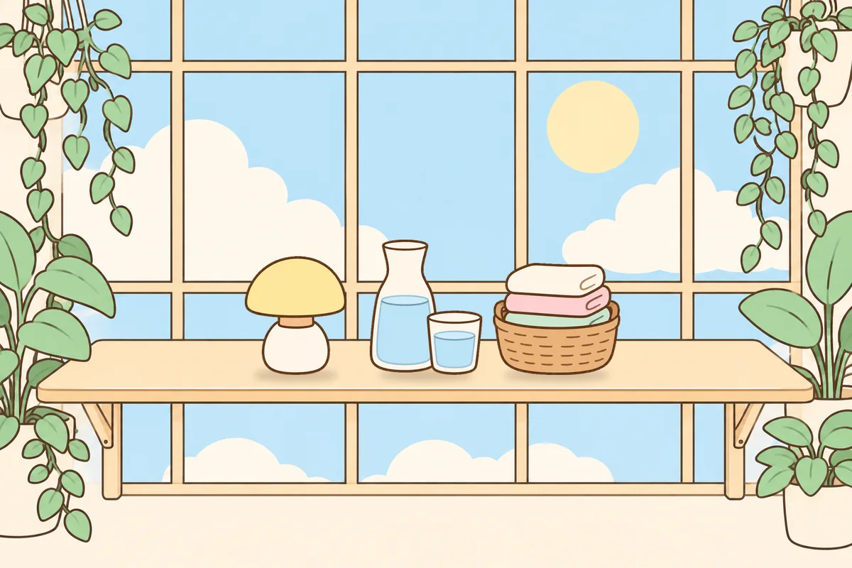 구리 여성전용 목 어깨 케어 안내 그림, 햇살 드는 창가 선반 위의 무드등, 물병, 수건 바구니