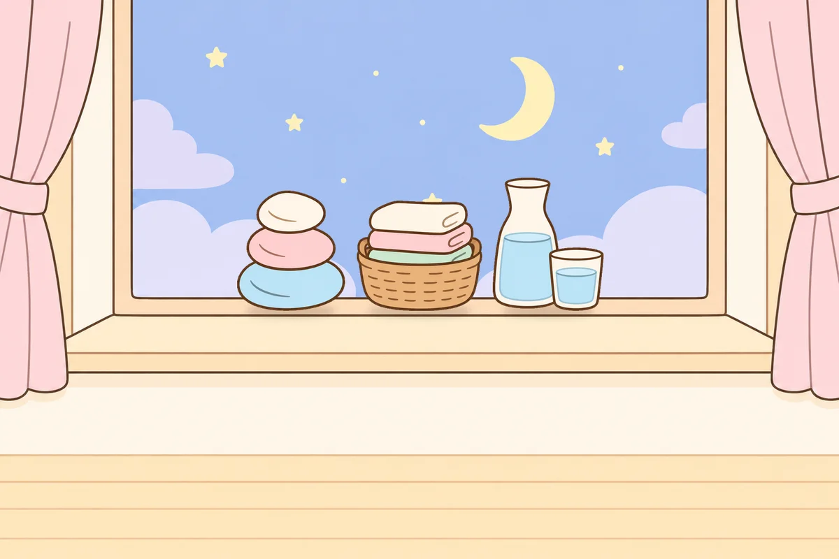 구리 여성전용 마사지 후기 안내 그림, 밤 창가 창턱 위의 조약돌, 수건 바구니, 물병