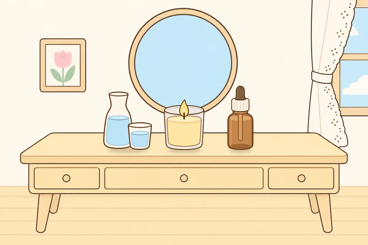 구리 여성전용 마사지 가격 안내 그림, 화장대 위의 물병, 향초, 오일병