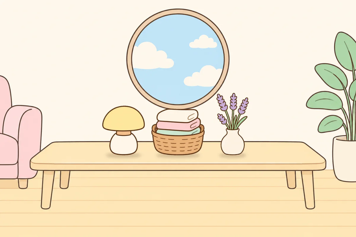 포천 여성전용 아로마 마사지 안내 그림, 거실 원목 테이블 위의 무드등, 수건 바구니, 라벤더 꽃병