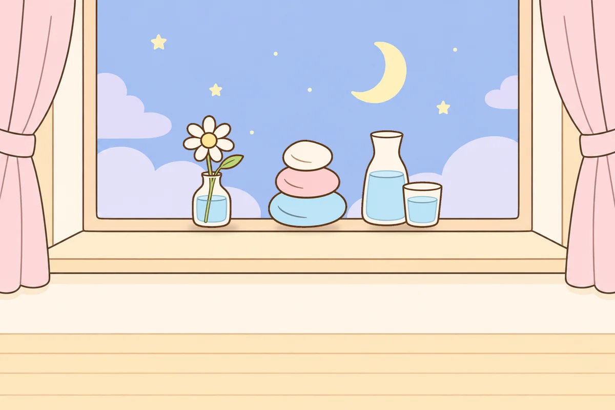 포천 여성전용 아로마테라피 안내 그림, 밤 창가 창턱 위의 데이지 꽃병, 조약돌, 물병
