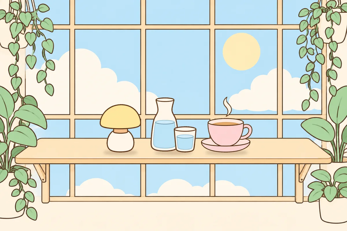 포천 여성전용 스웨디시 후기 안내 그림, 햇살 드는 창가 선반 위의 무드등, 물병, 찻잔