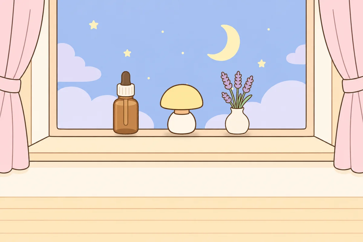 포천 여성전용 아로마 추천 안내 그림, 밤 창가 창턱 위의 오일병, 무드등, 라벤더 꽃병
