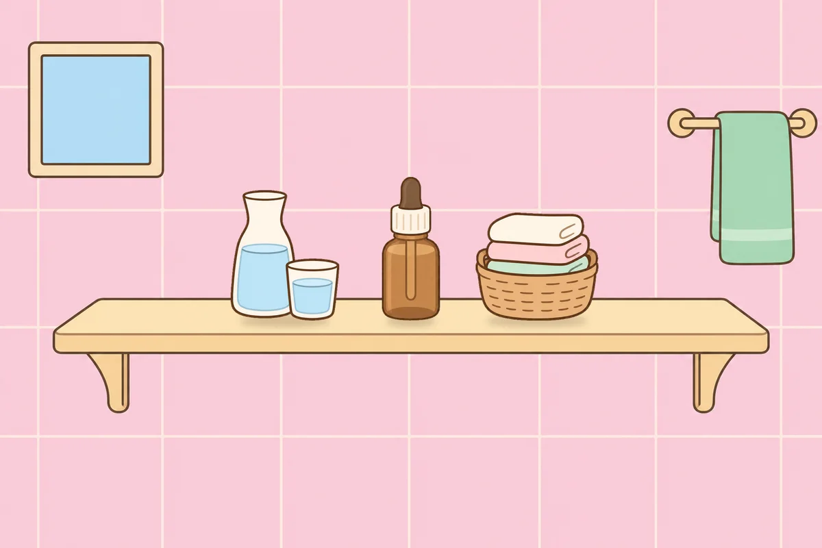 포천 여성전용 경락 마사지 안내 그림, 파우더룸 선반 위의 물병, 오일병, 수건 바구니