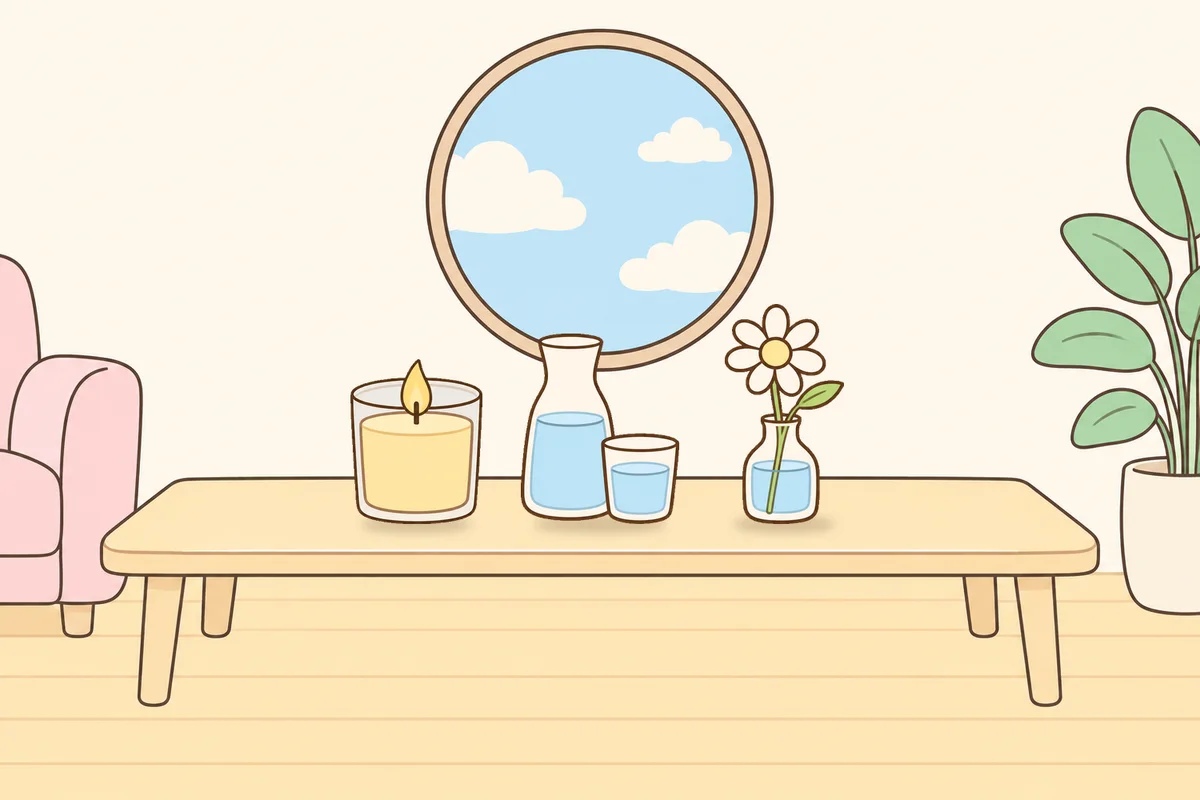 포천 여성전용 바디 경락 안내 그림, 거실 원목 테이블 위의 향초, 물병, 데이지 꽃병