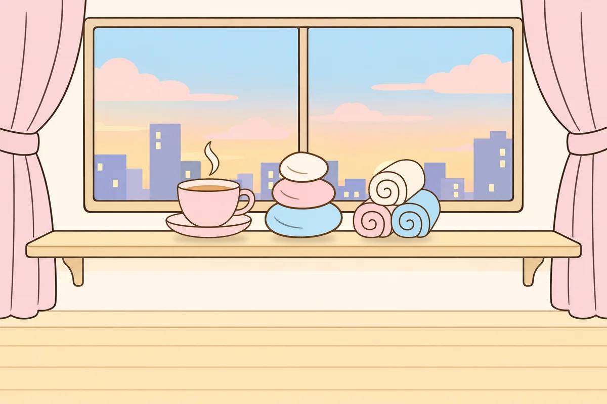 포천 여성전용 방문 마사지 안내 그림, 호텔 창가 선반 위의 찻잔, 조약돌, 수건
