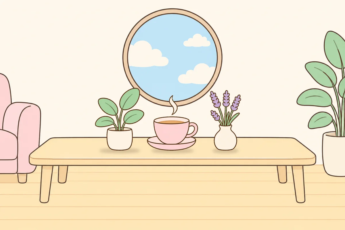 포천 여성전용 홈케어 서비스 안내 그림, 거실 원목 테이블 위의 화분, 찻잔, 라벤더 꽃병