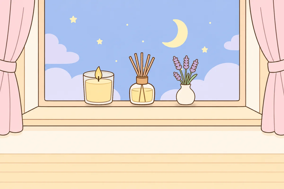 포천 여성전용 림프 마사지 안내 그림, 밤 창가 창턱 위의 향초, 디퓨저, 라벤더 꽃병