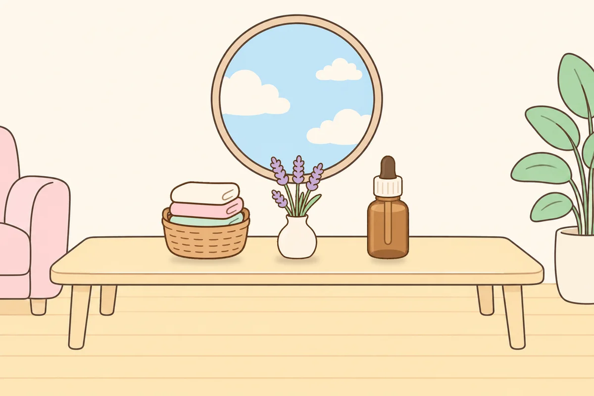 포천 여성전용 부종 케어 안내 그림, 거실 원목 테이블 위의 수건 바구니, 라벤더 꽃병, 오일병