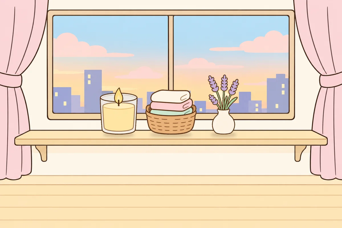 포천 여성전용 바디 케어 안내 그림, 호텔 창가 선반 위의 향초, 수건 바구니, 라벤더 꽃병