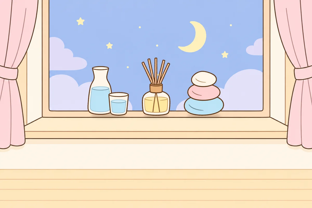포천 여성전용 슬리밍 마사지 안내 그림, 밤 창가 창턱 위의 물병, 디퓨저, 조약돌