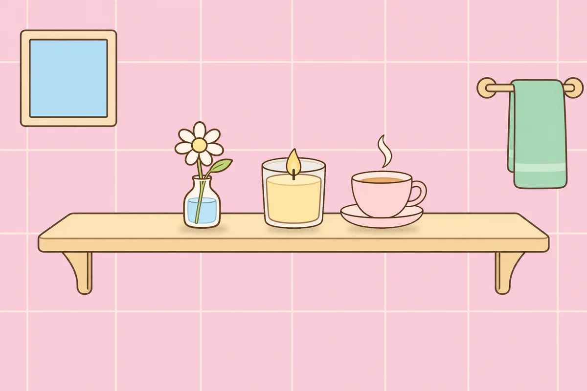 포천 여성전용 종아리 케어 안내 그림, 파우더룸 선반 위의 데이지 꽃병, 향초, 찻잔