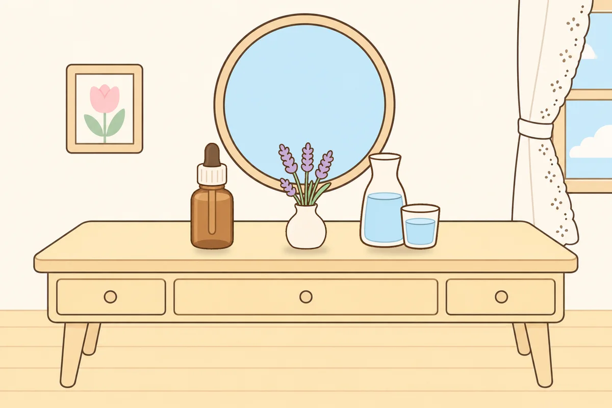 포천 여성전용 두피 마사지 안내 그림, 화장대 위의 오일병, 라벤더 꽃병, 물병