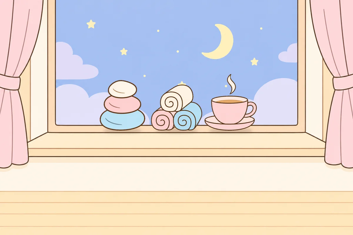 포천 여성전용 두피 케어 안내 그림, 밤 창가 창턱 위의 조약돌, 수건, 찻잔