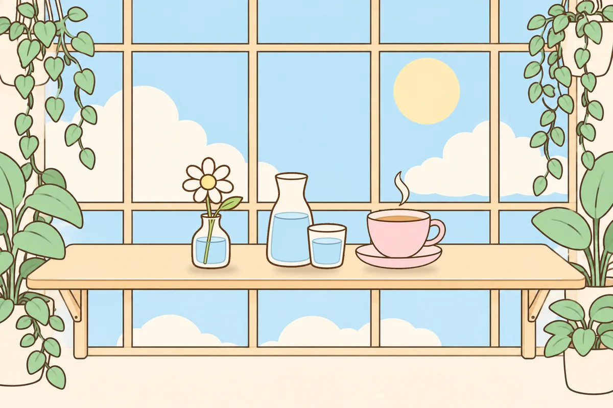 포천 여성전용 목 어깨 케어 안내 그림, 햇살 드는 창가 선반 위의 데이지 꽃병, 물병, 찻잔