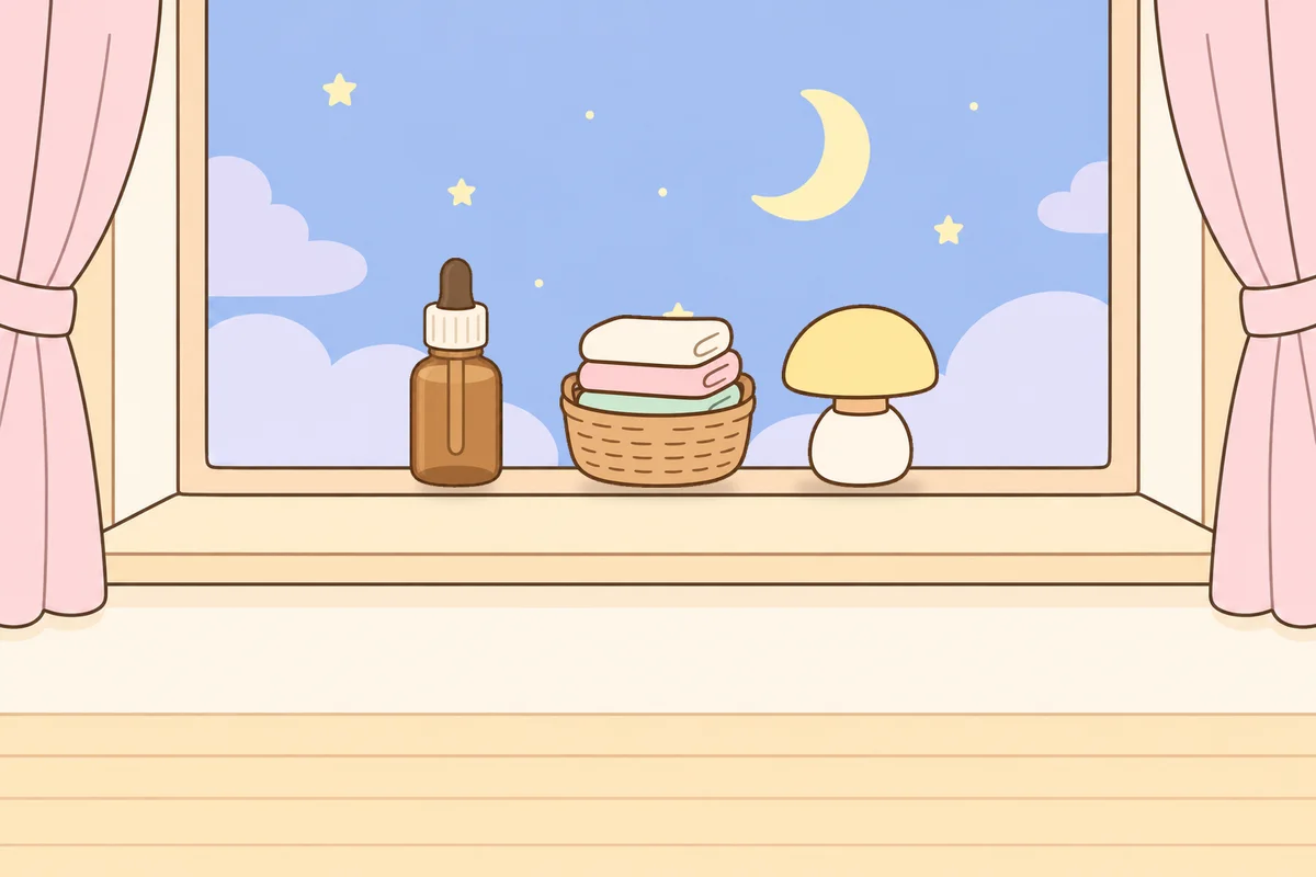 포천 여성전용 수면 케어 안내 그림, 밤 창가 창턱 위의 오일병, 수건 바구니, 무드등