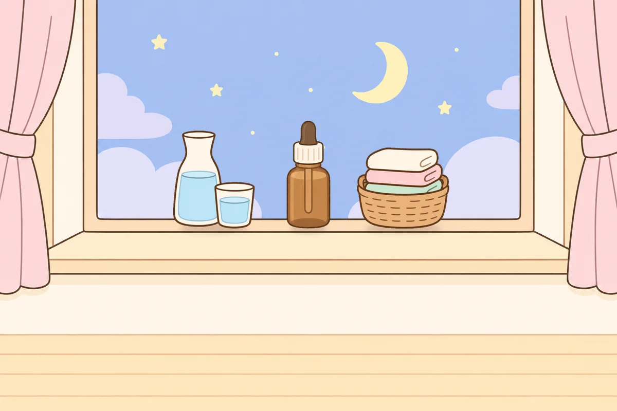 포천 여성전용 스트레스 케어 안내 그림, 밤 창가 창턱 위의 물병, 오일병, 수건 바구니