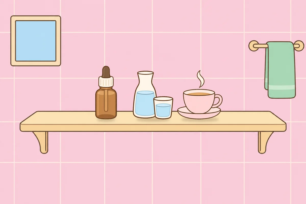 포천 여성전용 안티에이징 케어 안내 그림, 파우더룸 선반 위의 오일병, 물병, 찻잔