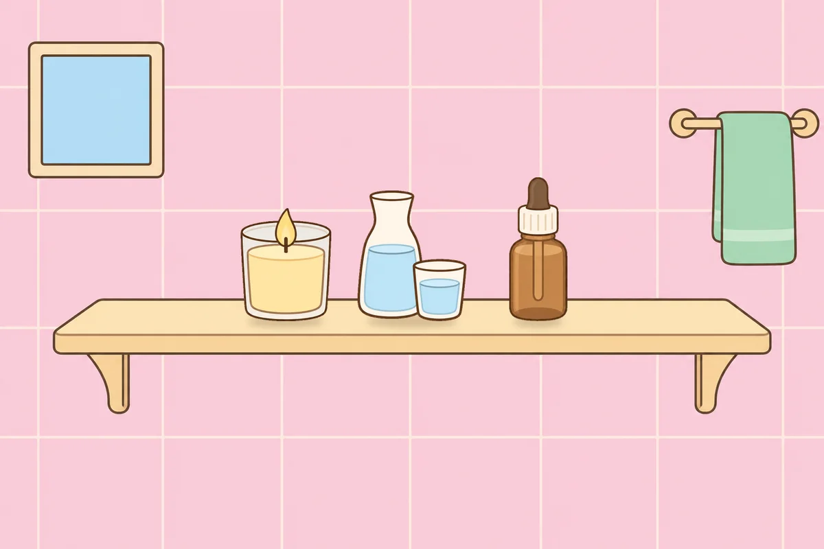 포천 여성전용 마사지샵 안내 그림, 파우더룸 선반 위의 향초, 물병, 오일병