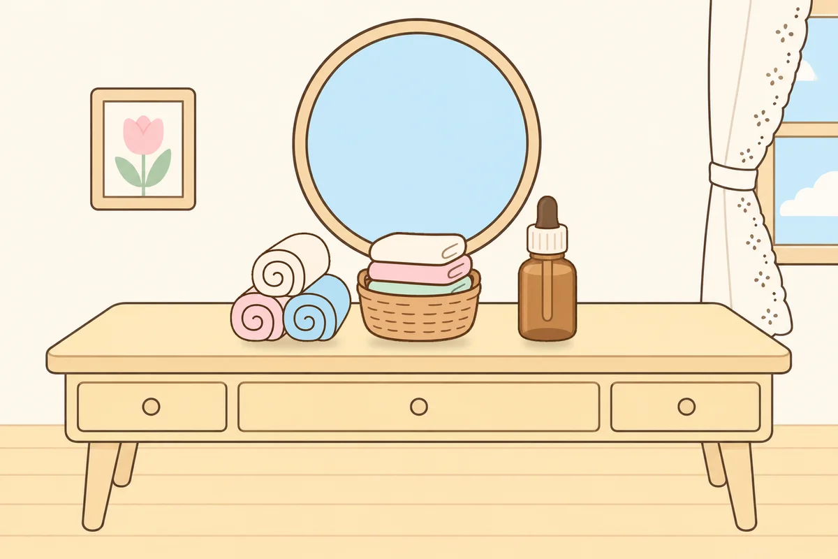 의왕 여성전용 아로마테라피 안내 그림, 화장대 위의 수건, 수건 바구니, 오일병