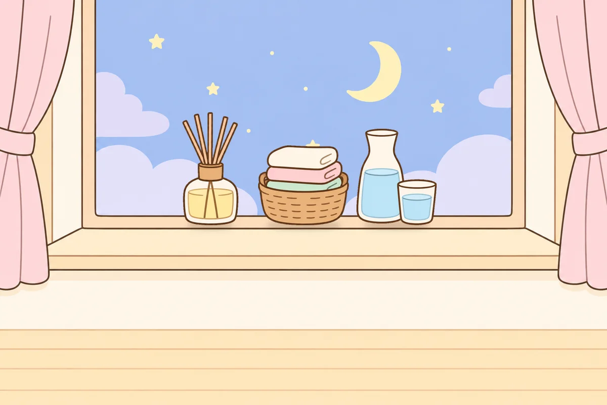 의왕 여성전용 스웨디시 홈케어 안내 그림, 밤 창가 창턱 위의 디퓨저, 수건 바구니, 물병